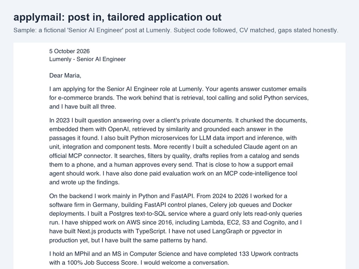 applymail: job post to tailored CV and cover letter