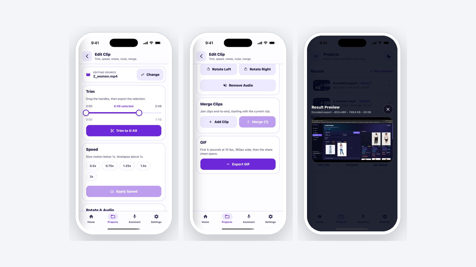 Trim handles with live selection, rotate and merge tools with GIF export, and the preview player