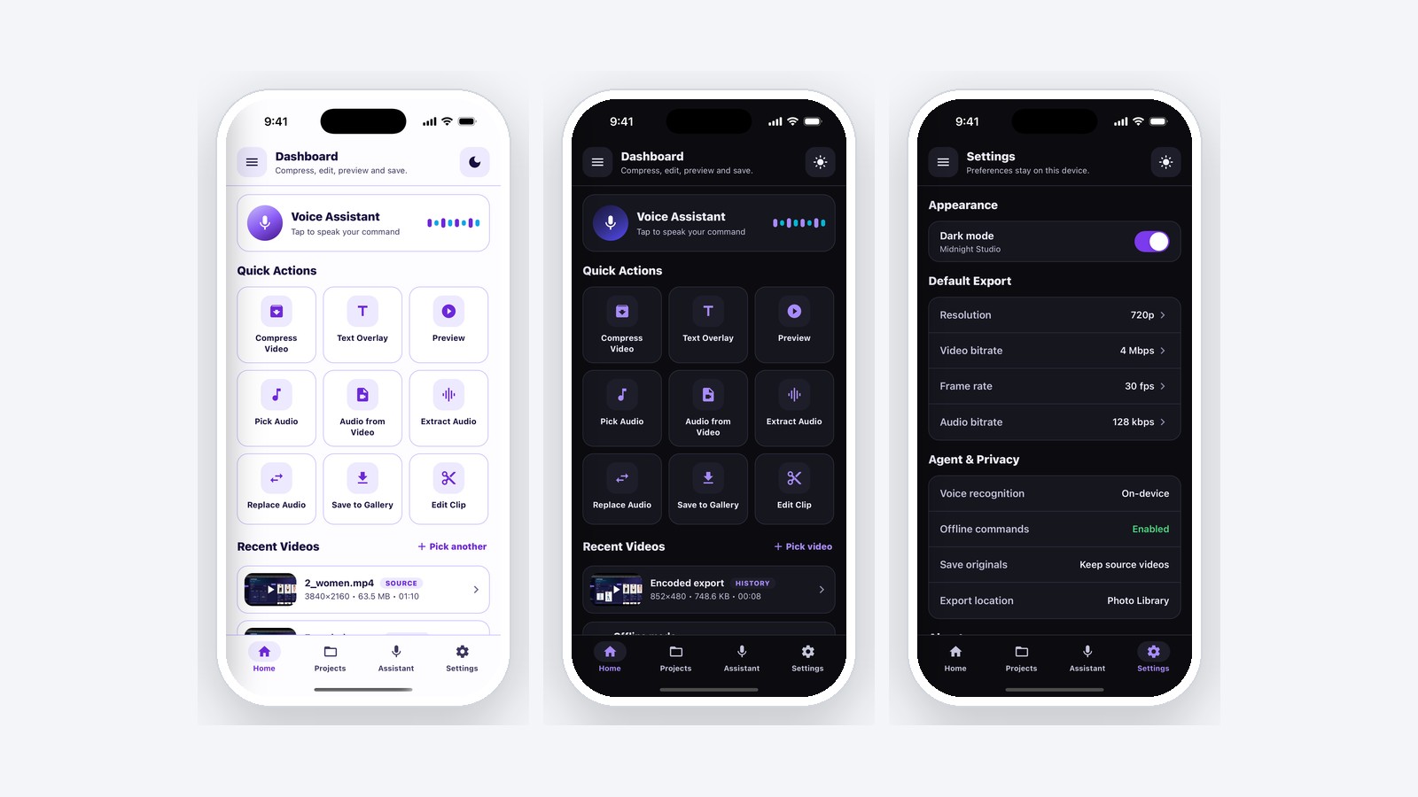 The same screens in light and dark themes