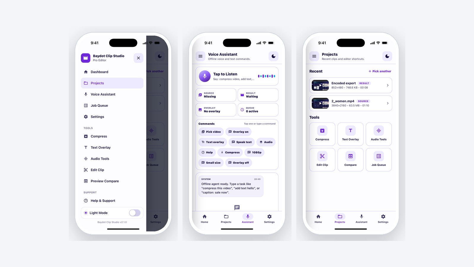 Navigation drawer, offline command assistant, and the projects screen