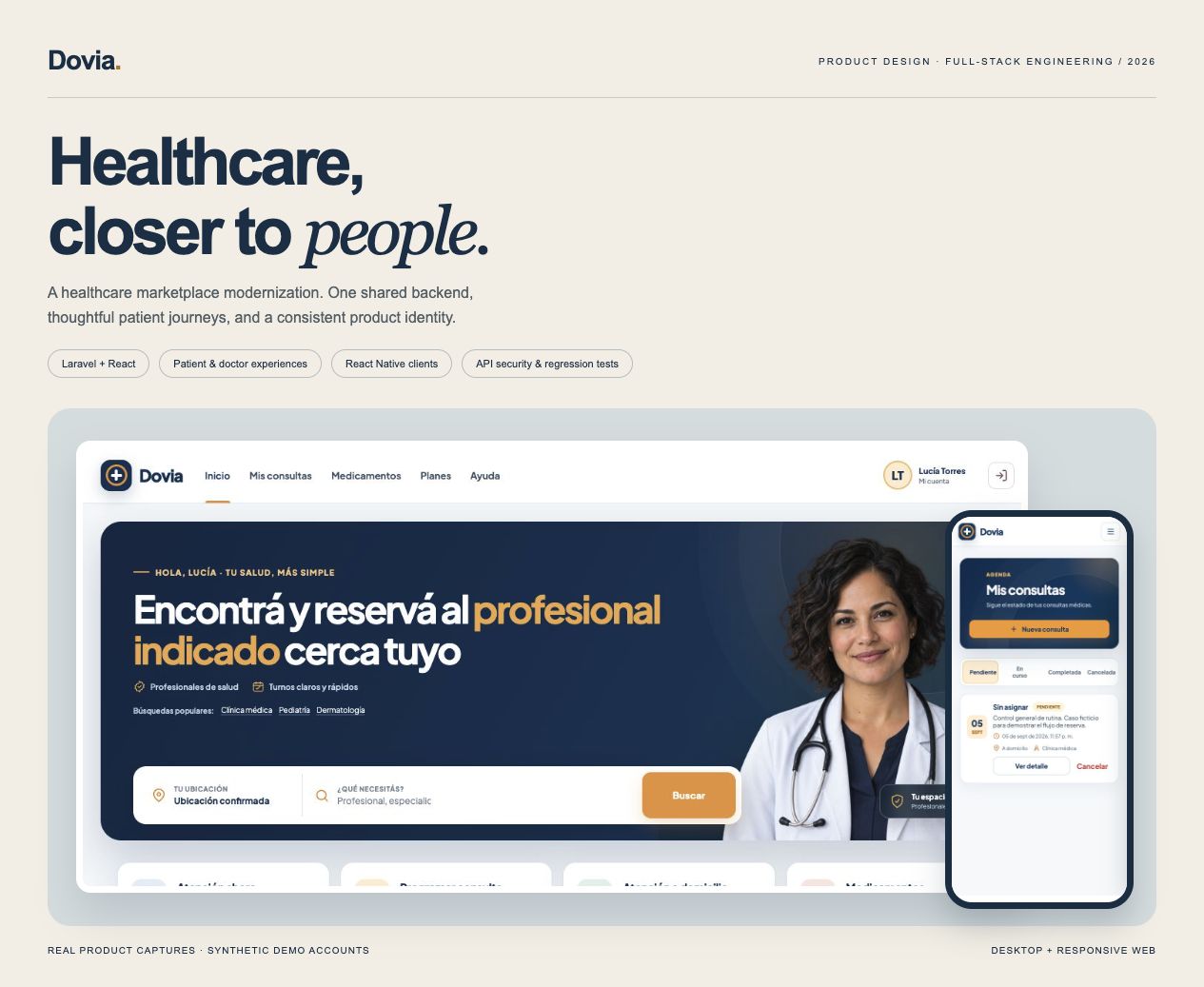 Dovia healthcare marketplace, showing its real patient dashboard and responsive consultation view