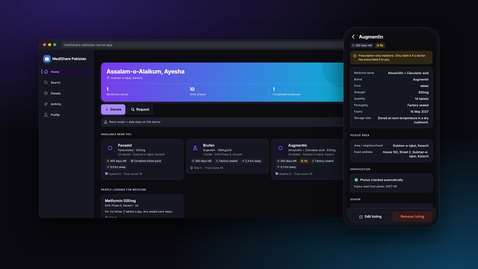 MediShare running as a desktop web app and as a phone app side by side