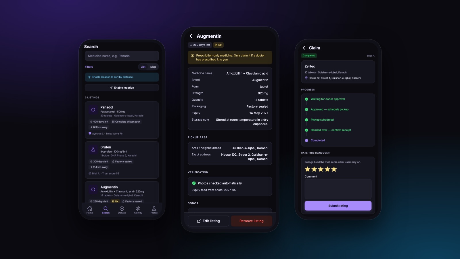 Search results, a listing detail with verification and prescription warning, and a completed claim with its progress trail