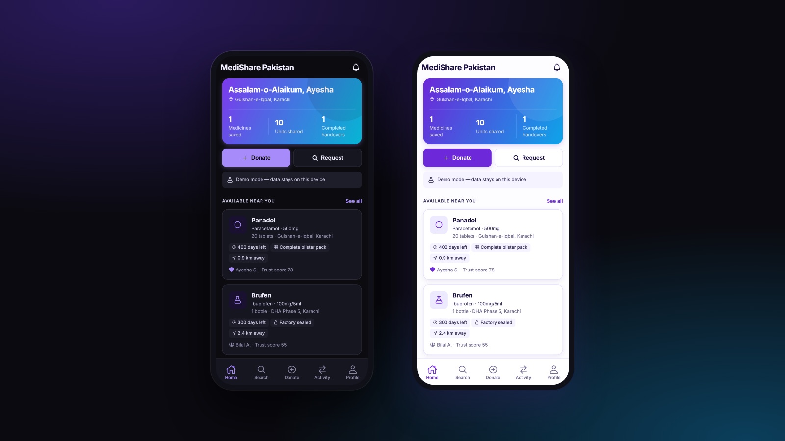 The same home screen in dark and light themes