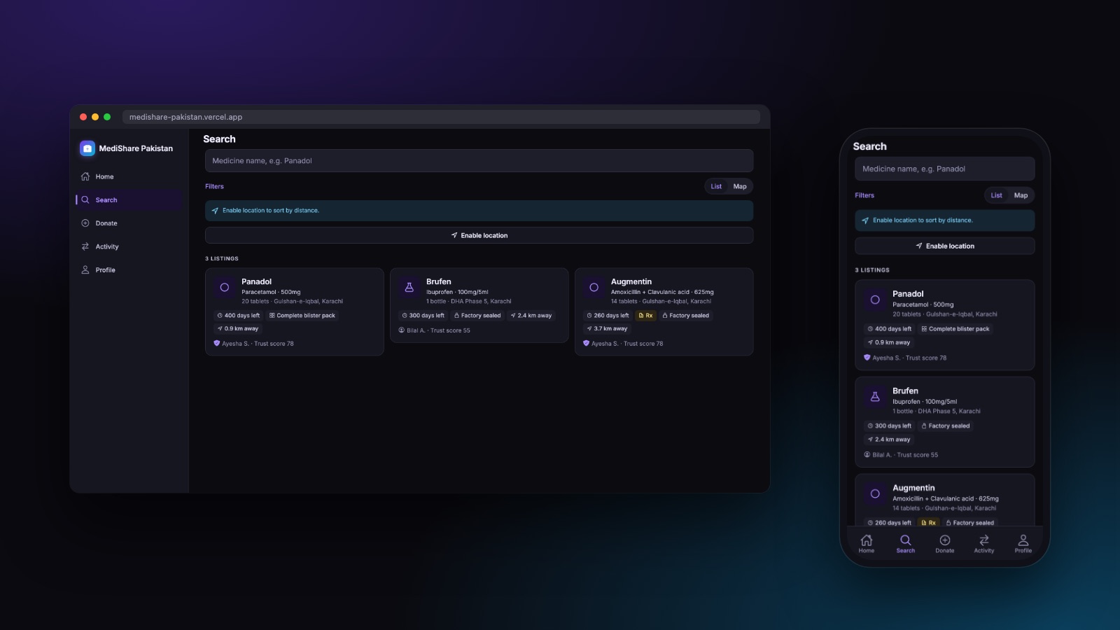 The same search screen as a desktop web layout with sidebar navigation and as a phone screen